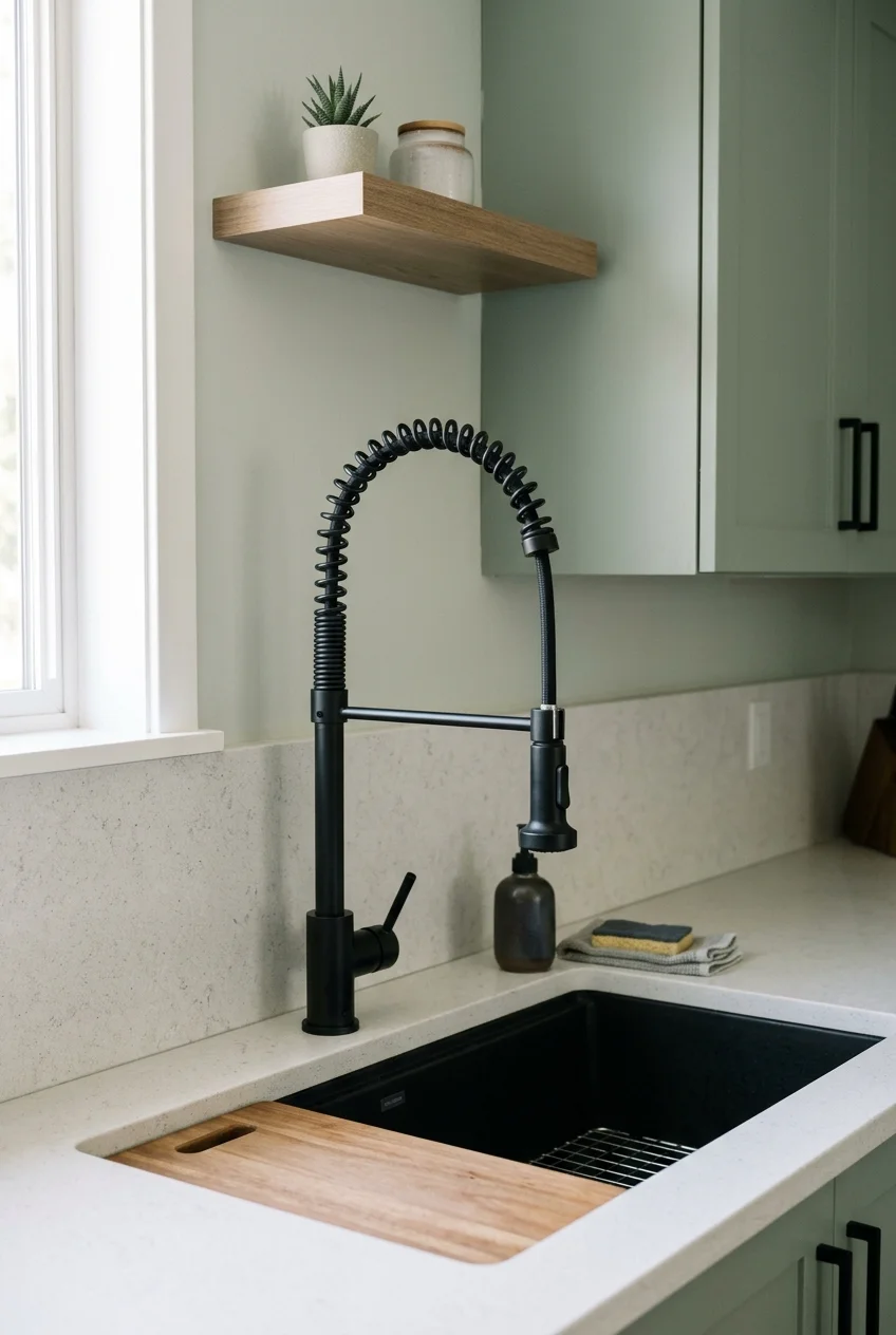 Matte black spring faucet above a wide workstation sink