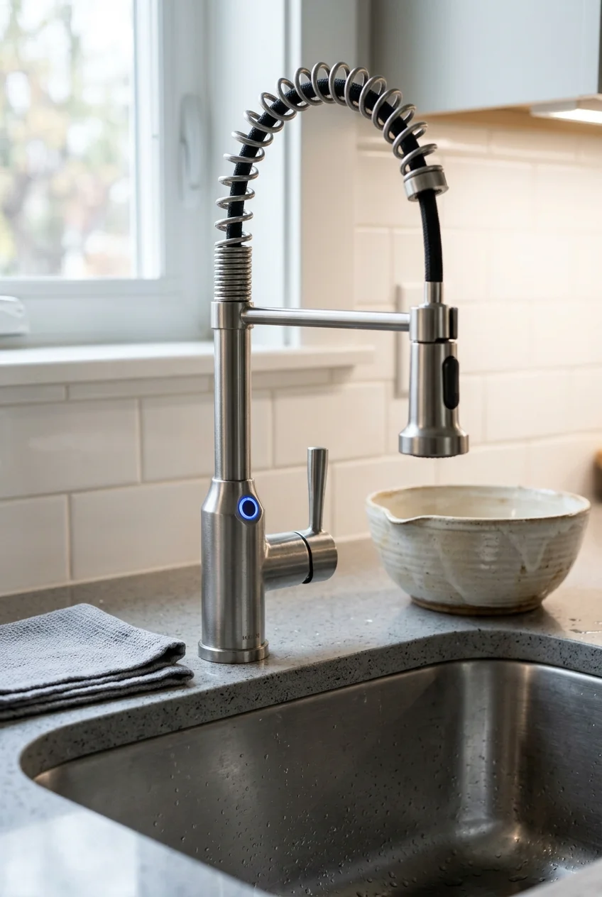 Touch-activated stainless spring faucet with visible temperature indicator