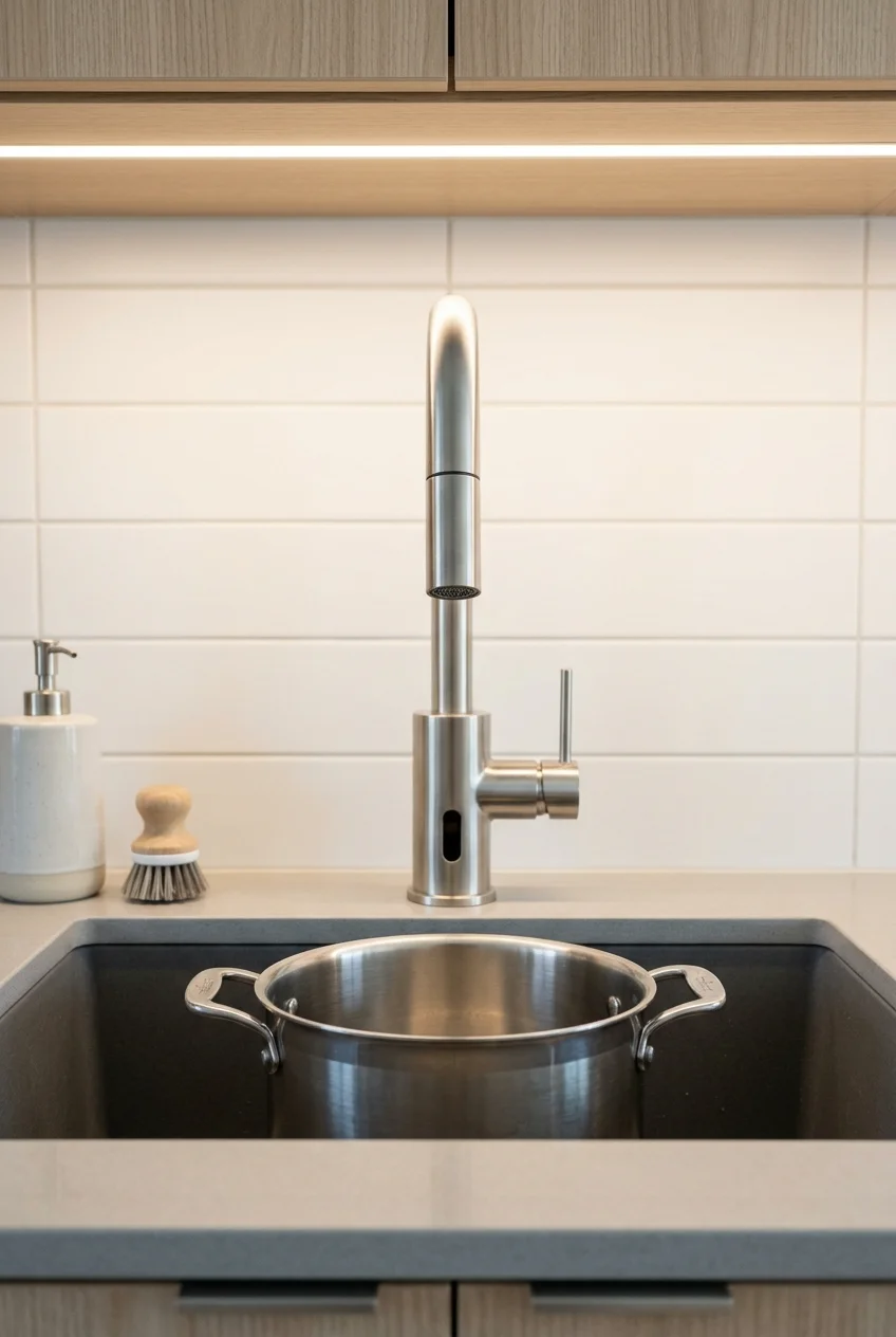 Touchless stainless faucet with front sensor above a stockpot in the sink