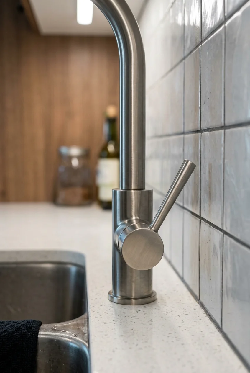 Single-lever faucet with clear forward handle movement beside a backsplash