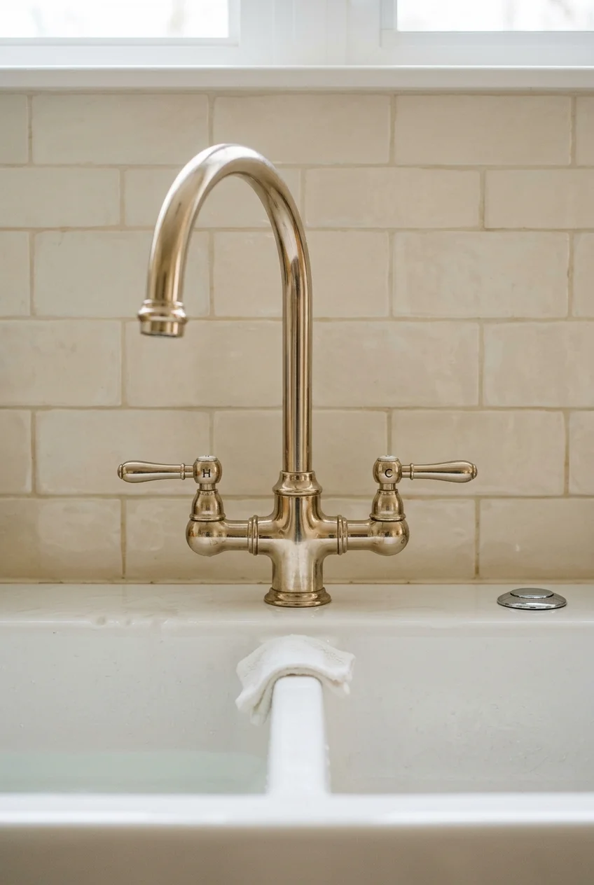 Polished nickel two-handle faucet over a white fireclay sink