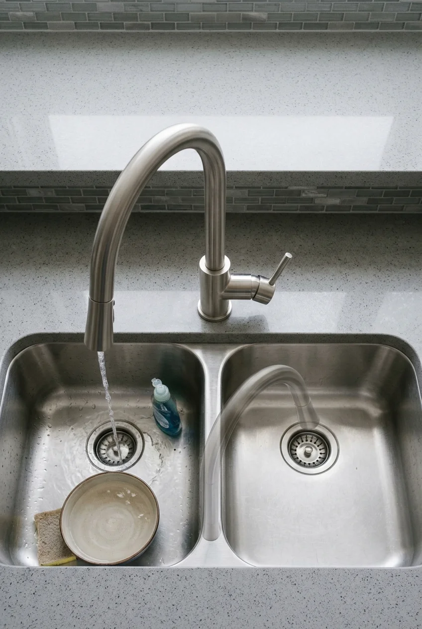 Swiveling stainless faucet centered between two sink bowls