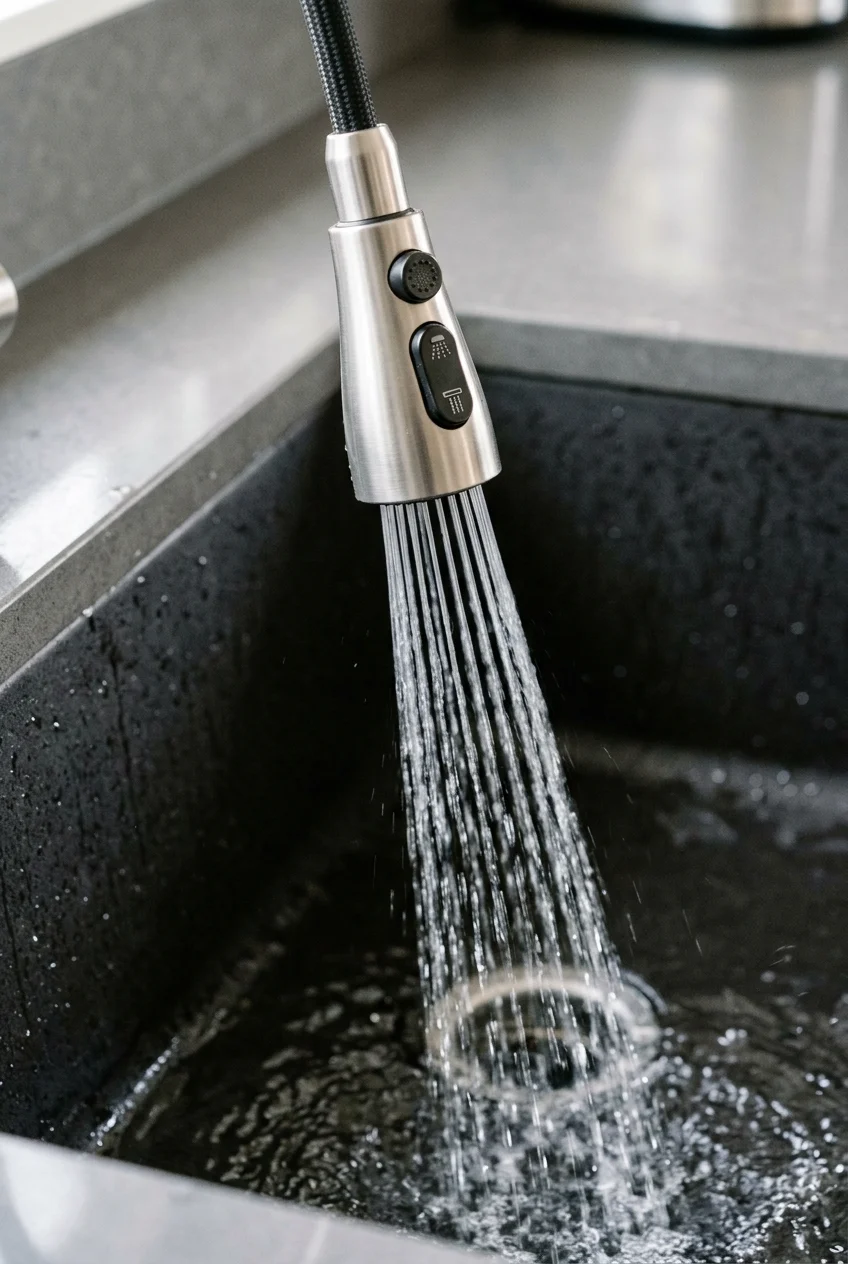 Dual-mode pull-down spray head rinsing inside a deep composite sink
