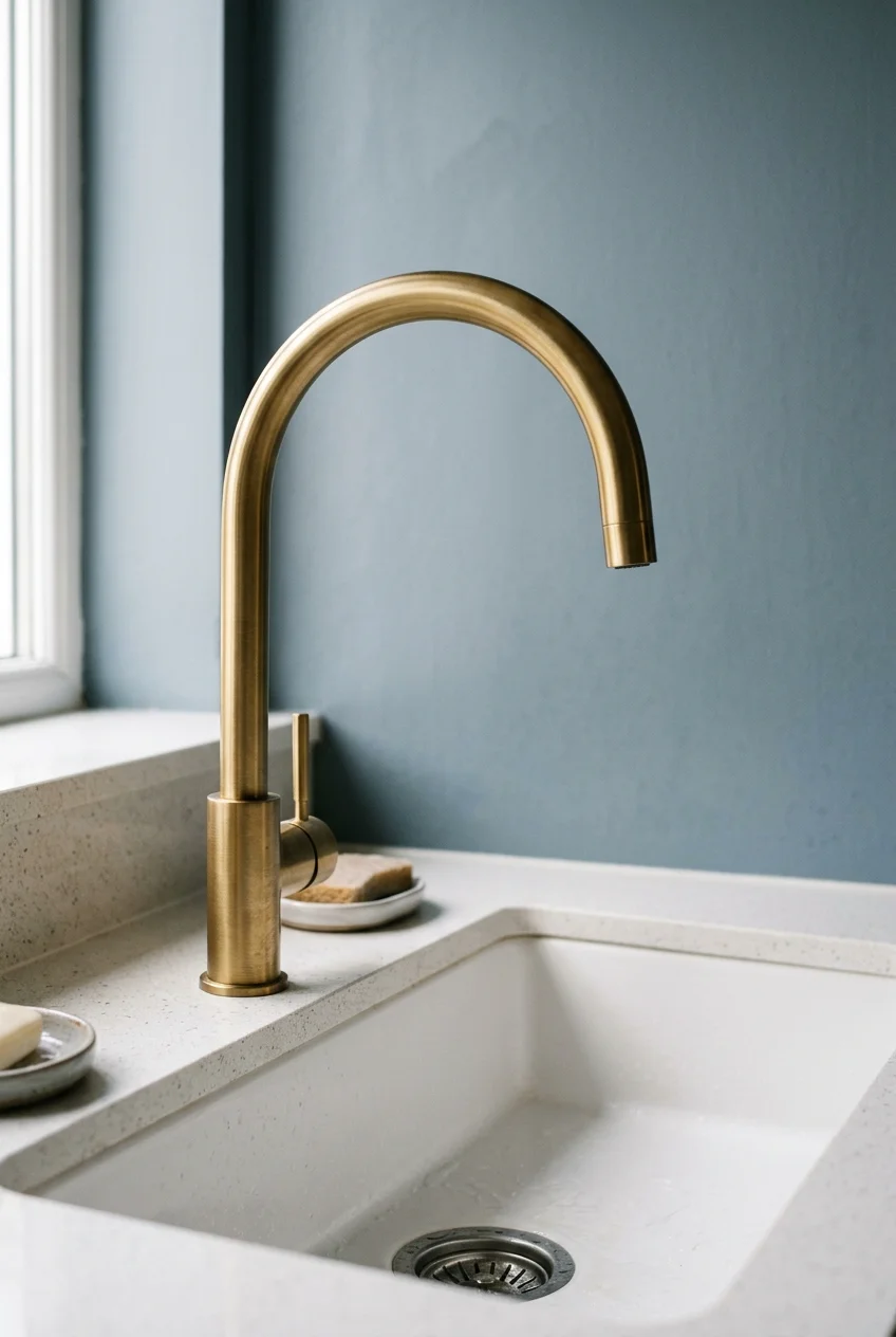 Slim brushed brass gooseneck faucet above a white undermount sink