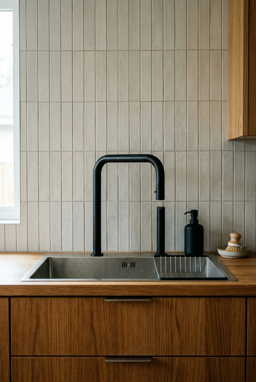 Squared matte black faucet with rectangular sink and stacked tile