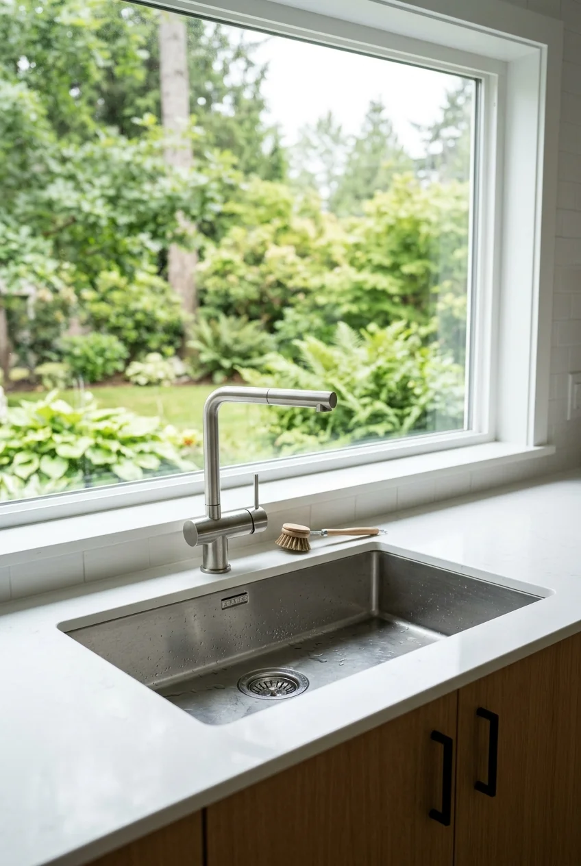 Low L-shaped stainless faucet installed beneath a kitchen window