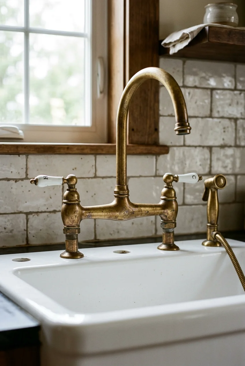 Aged brass bridge faucet with side spray over an apron-front sink