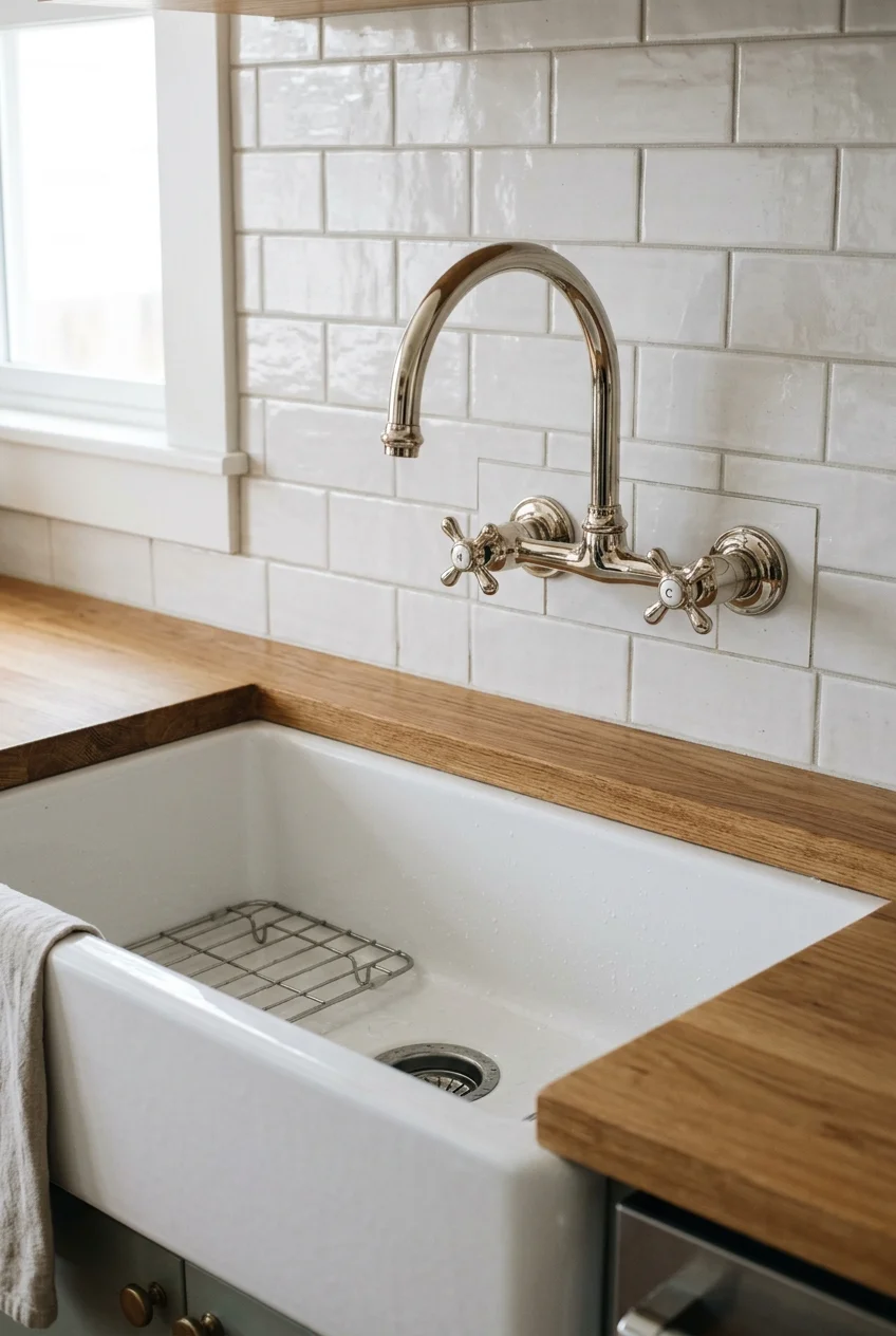 Wall-mounted polished nickel faucet over an apron-front kitchen sink