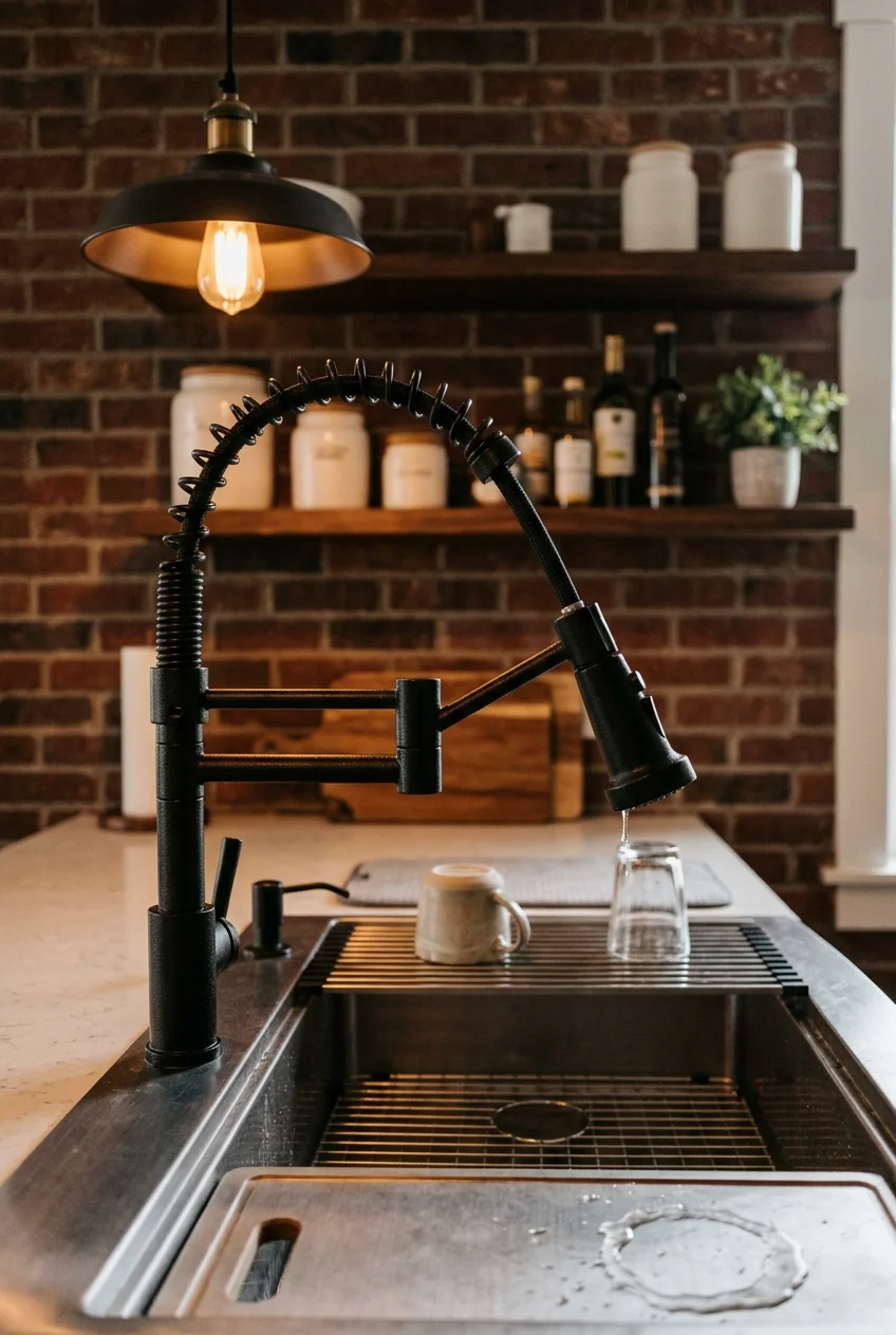 Black articulating faucet extended over one side of a workstation sink