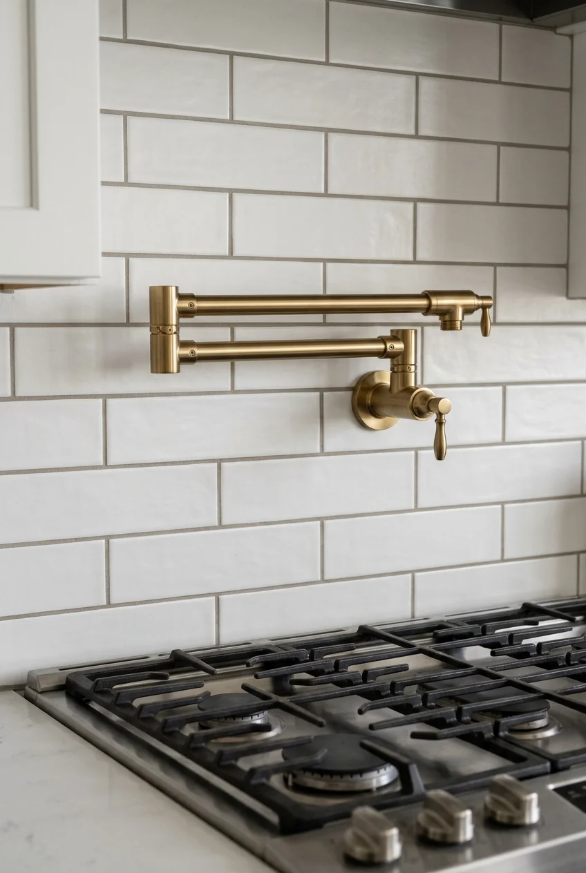 Folded brass pot filler positioned safely above a kitchen range