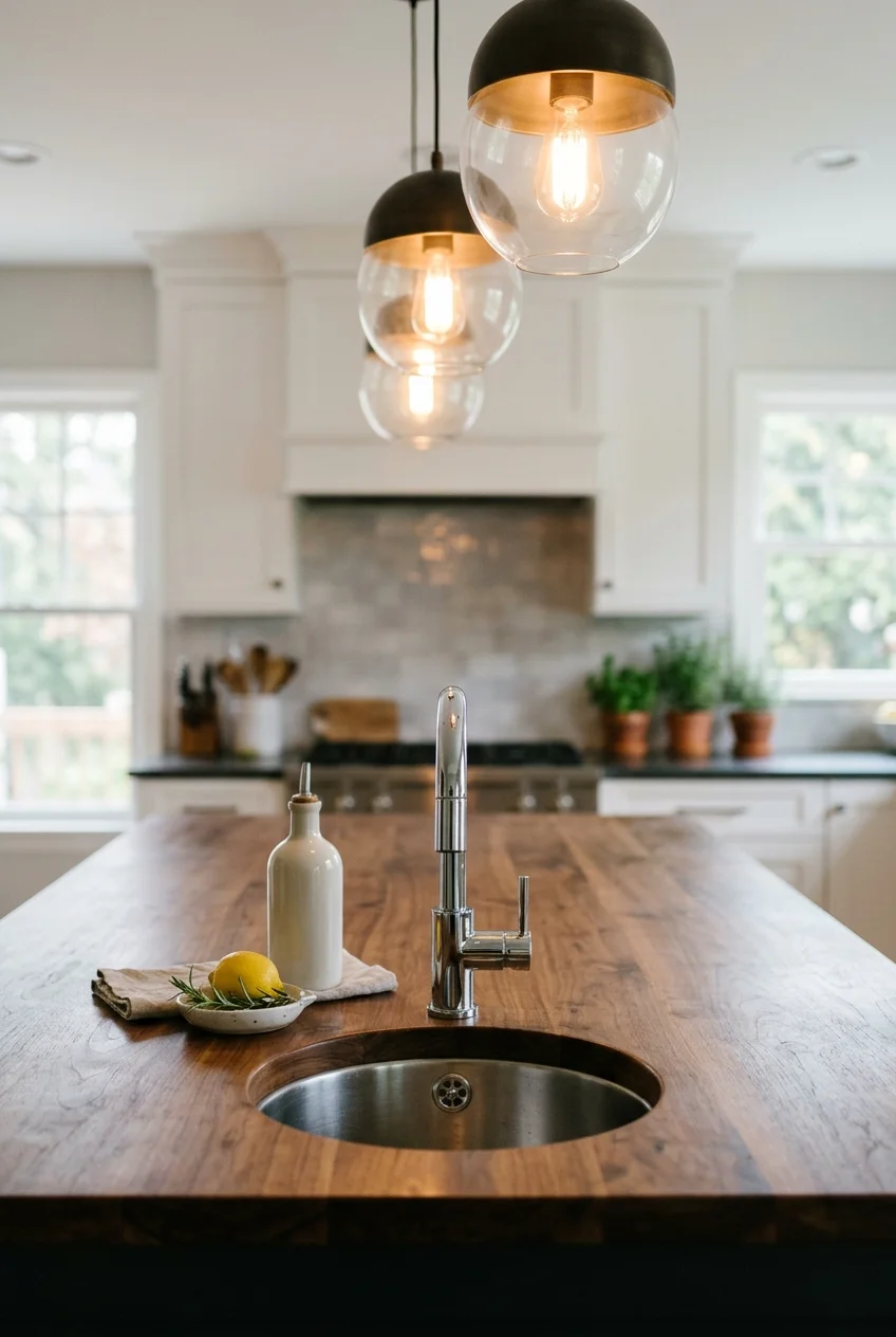 Compact chrome prep faucet at the end of a kitchen island