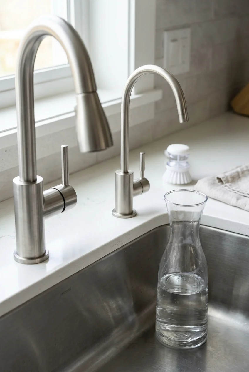 Slim filtered-water tap beside a larger main kitchen faucet