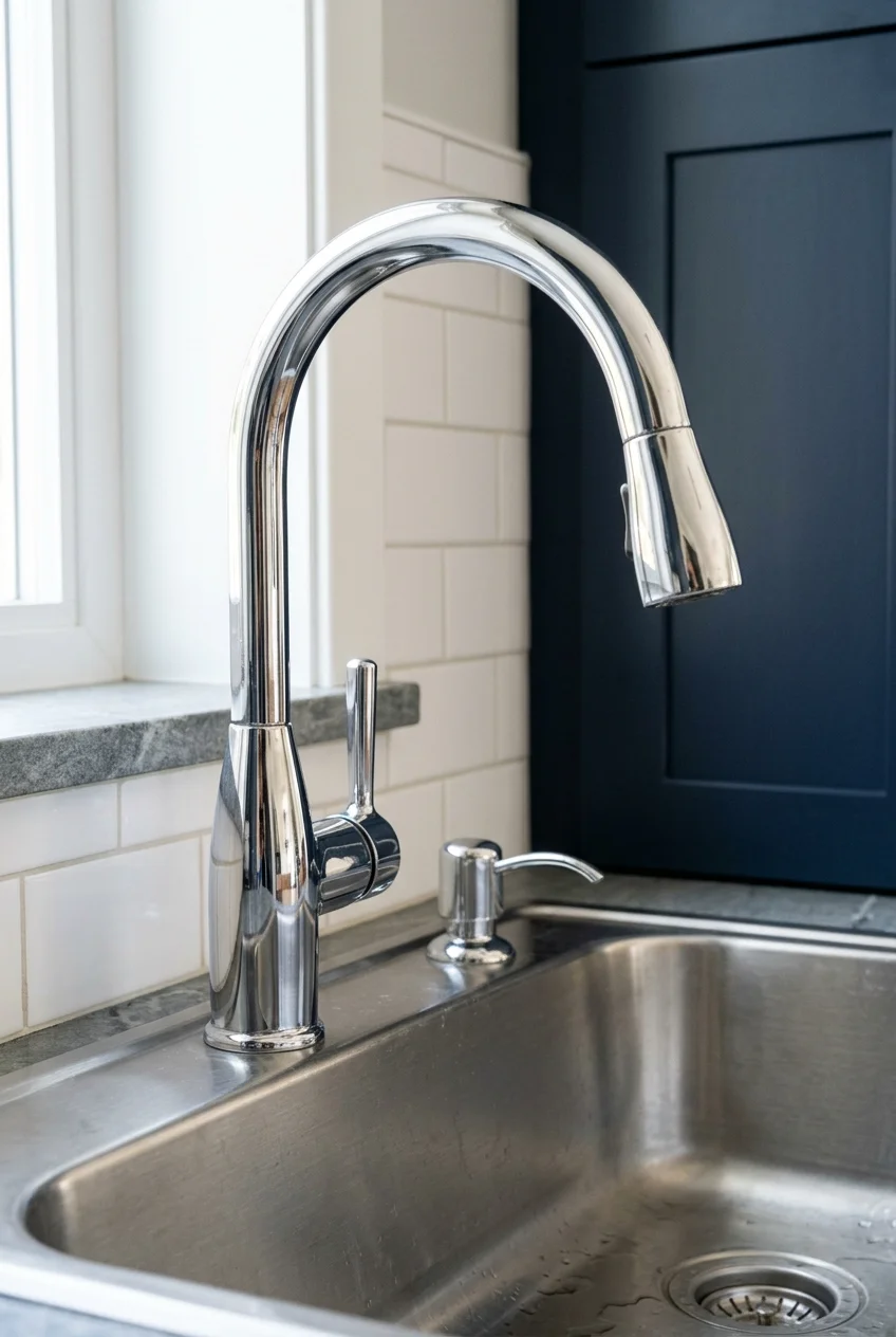 Reflective chrome gooseneck faucet with white tile and navy cabinets