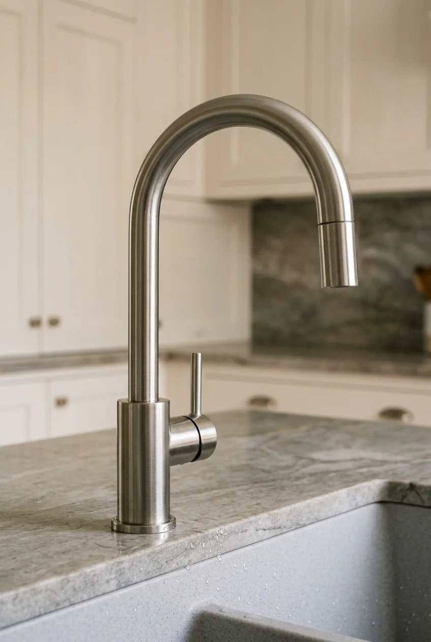 Brushed nickel faucet showing a soft directional metal grain