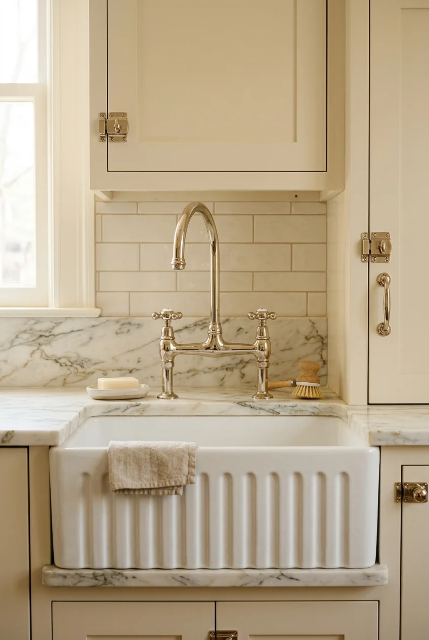 Polished nickel bridge faucet in a cream traditional kitchen