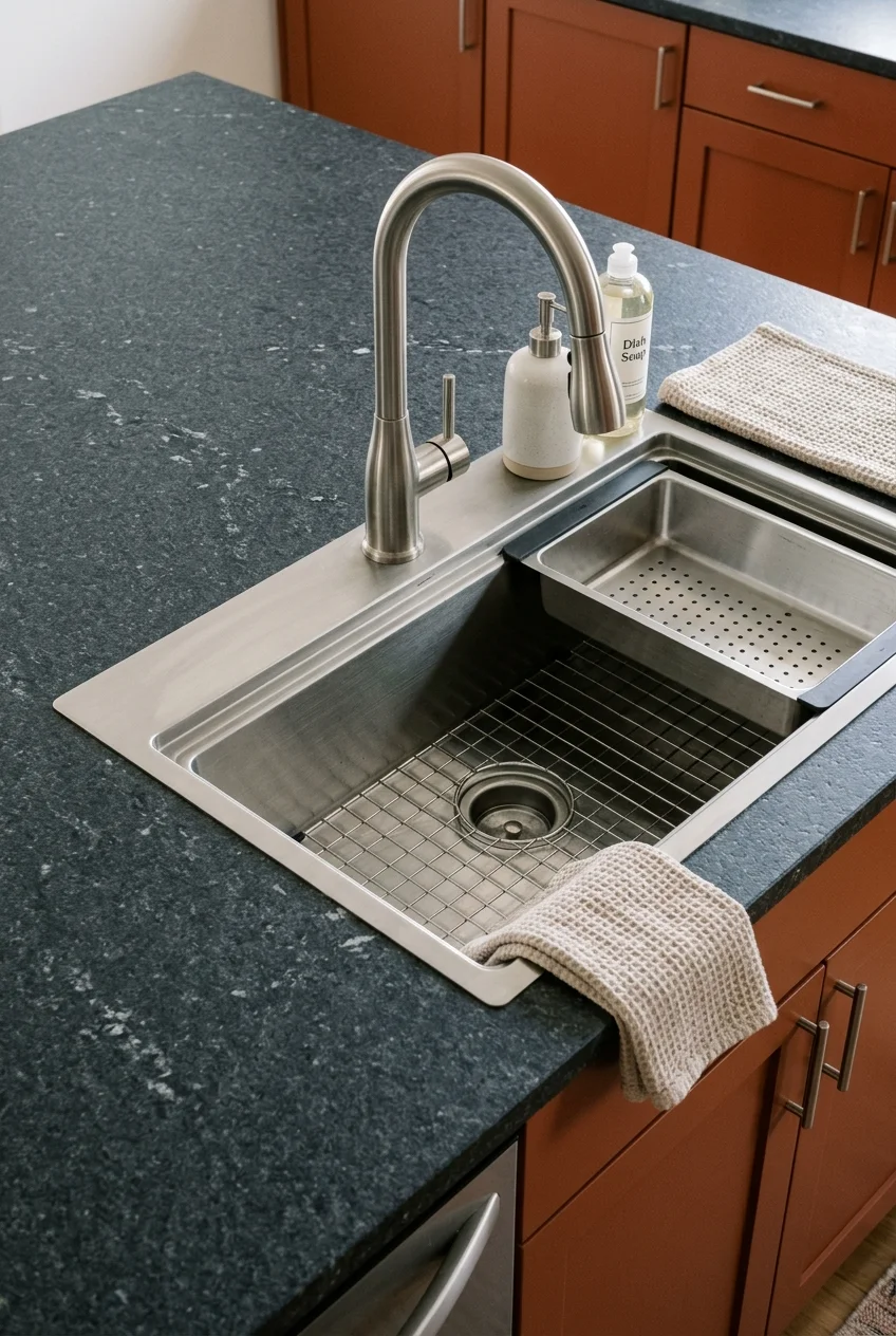 Brushed stainless faucet coordinated with a stainless workstation sink