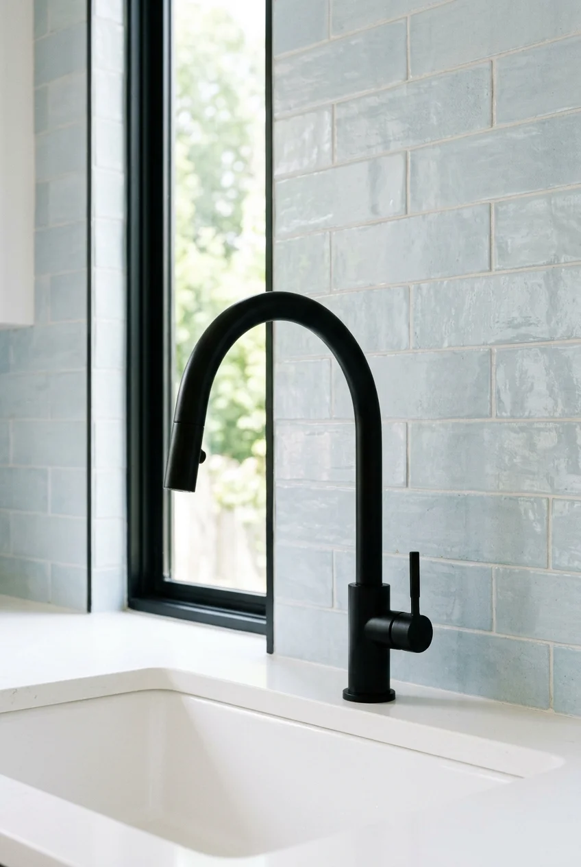 Matte black faucet outlined against pale blue kitchen tile