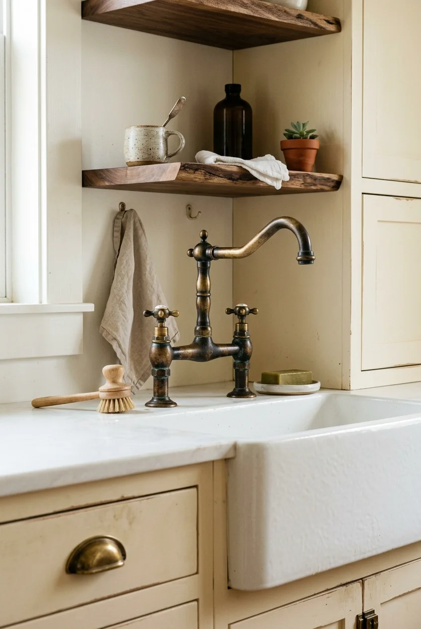 Aged brass bridge faucet with cream cabinets and walnut shelving