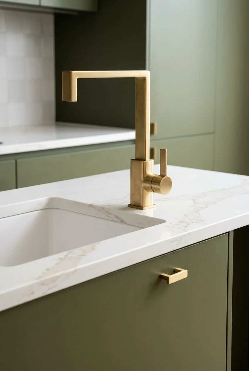 Satin brass faucet paired with olive slab-front cabinets