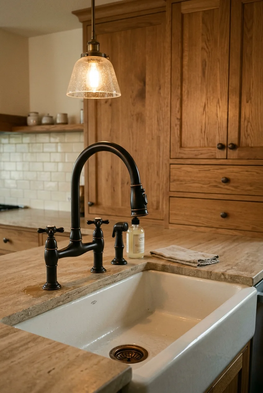 Dark bronze faucet anchoring a warm traditional sink area