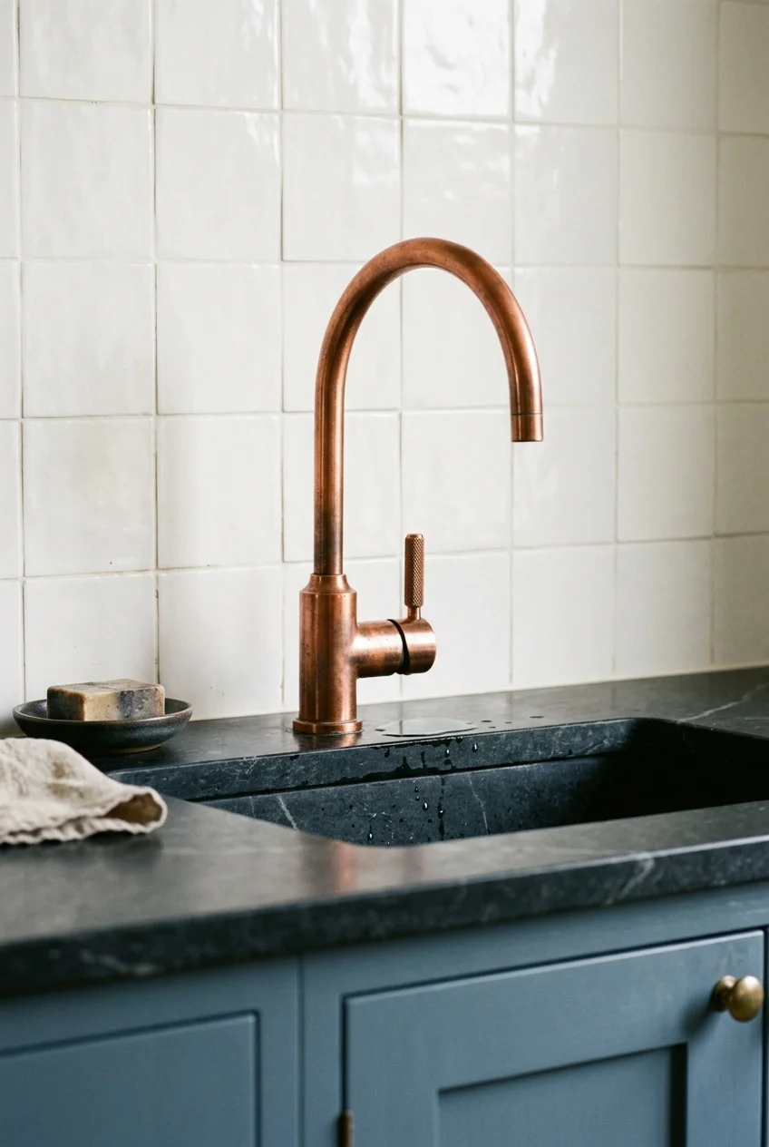 Copper gooseneck faucet with natural tonal variation above soapstone