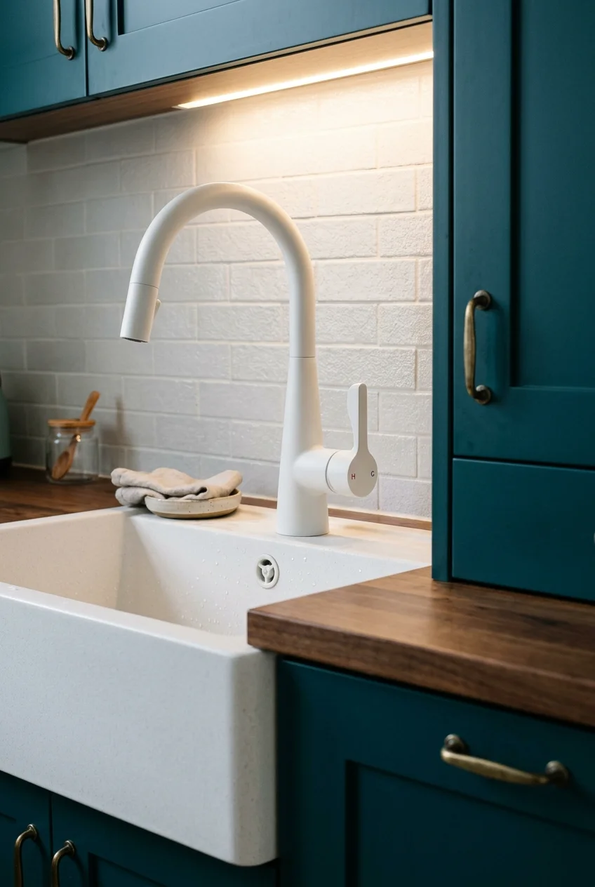White faucet in a pale sink area with teal cabinetry