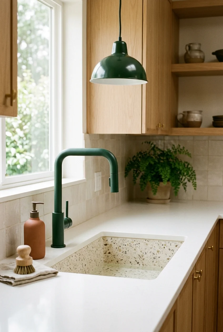 Forest-green coated faucet with light oak cabinets and terrazzo sink