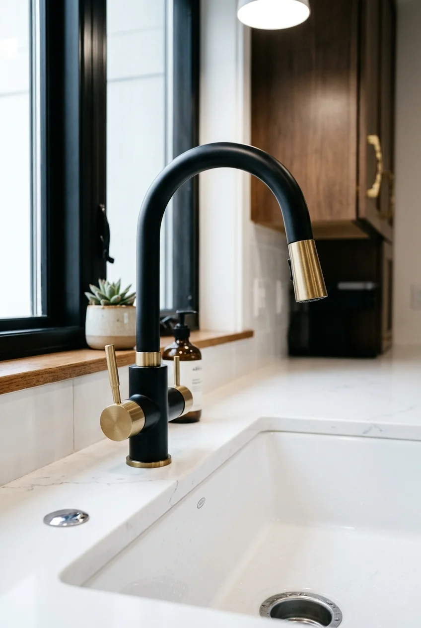 Two-tone black and brass faucet with coordinated kitchen accents