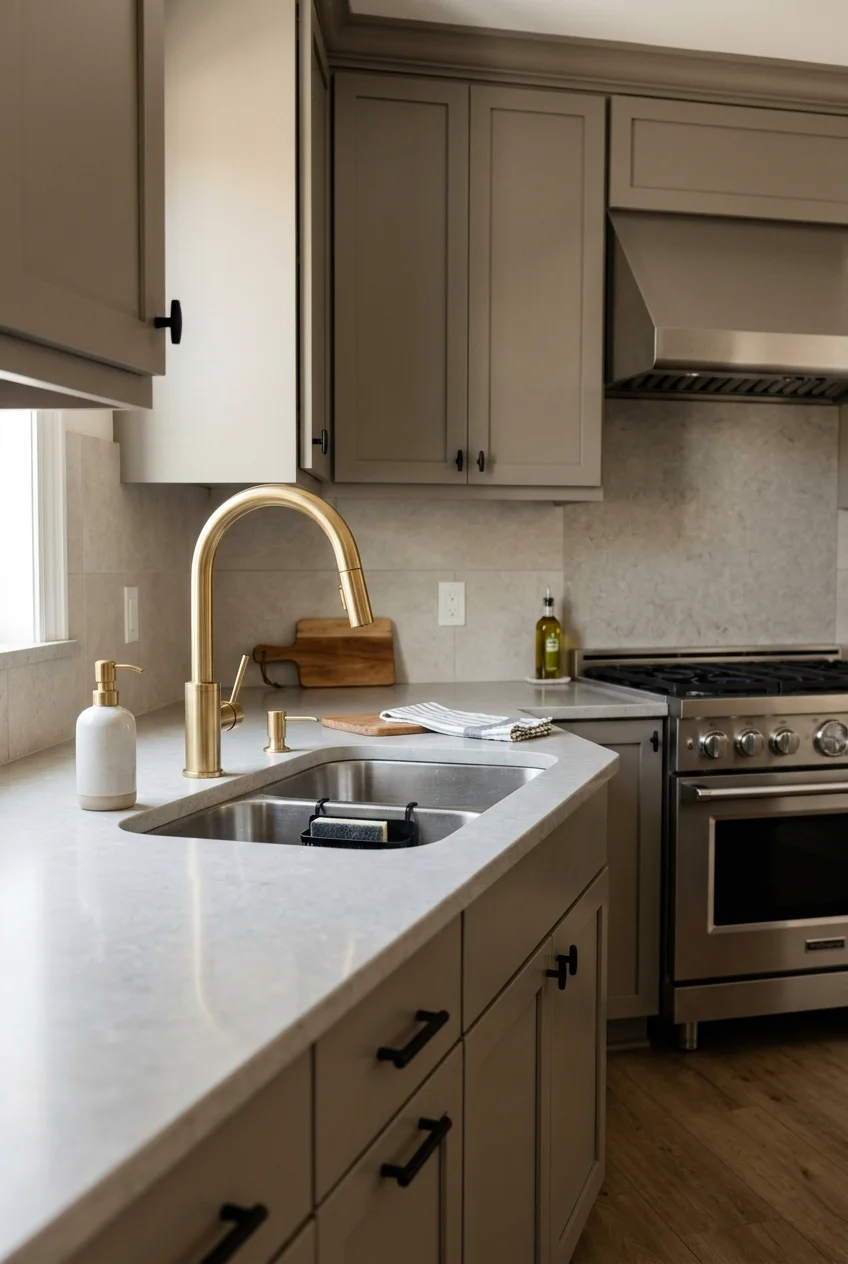 Brass faucet with intentionally mixed stainless and black kitchen metals