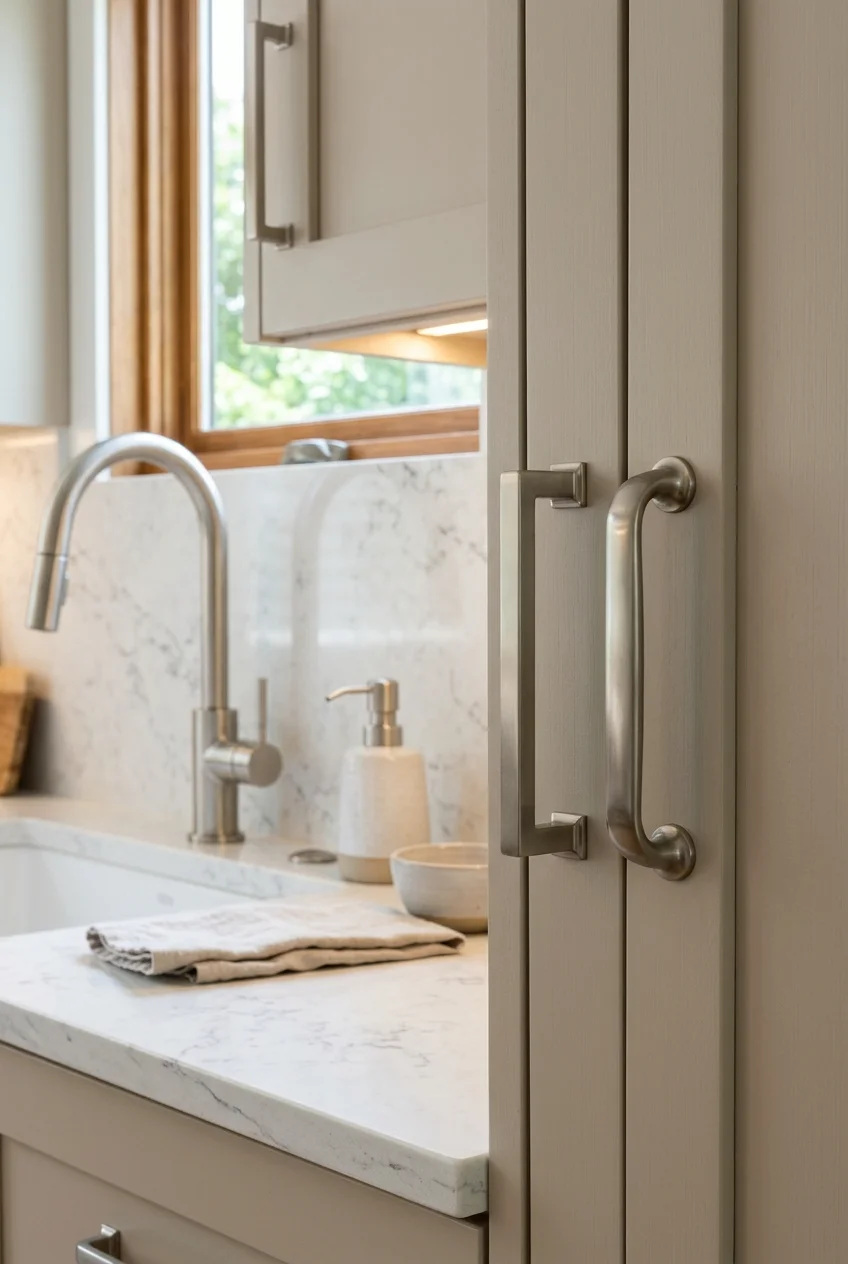 Faucet and cabinet hardware coordinated by similar metal undertones
