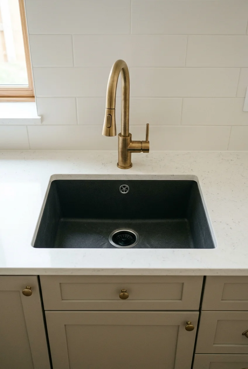 Brushed brass faucet contrasting with a charcoal composite sink