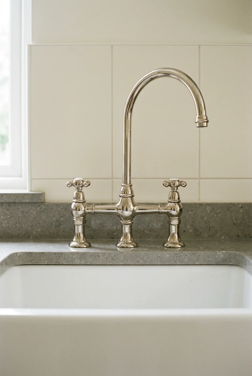 Polished nickel bridge faucet proportioned to a wide apron-front sink