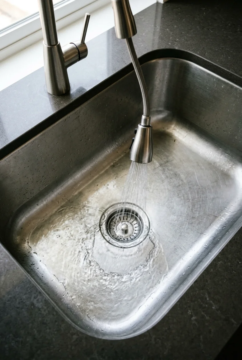 Pull-down faucet rinsing inside a deep stainless undermount sink