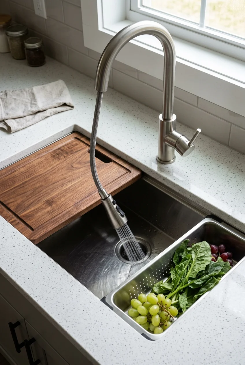 Pull-down faucet reaching across a workstation sink and fitted accessories