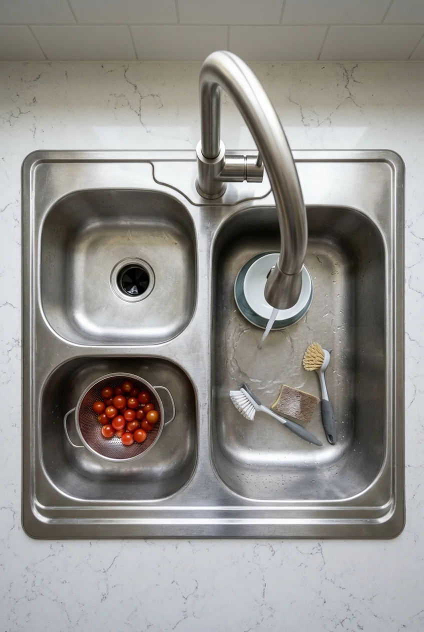 Swivel faucet positioned to serve asymmetrical double sink bowls