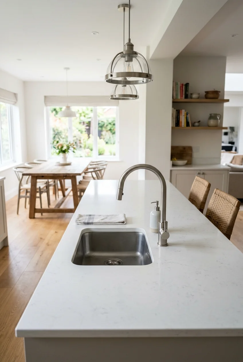 Medium-height island faucet preserving open-plan room sightlines