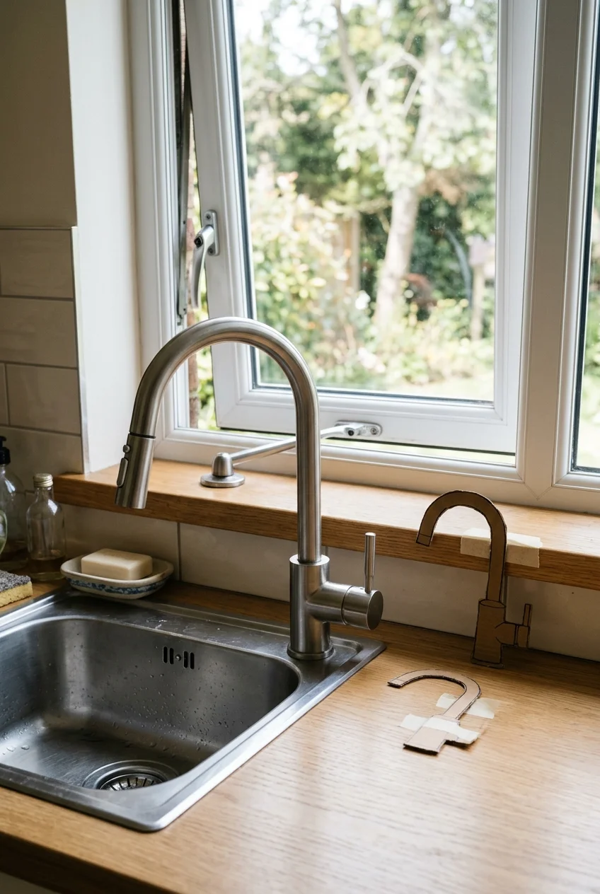 Compact faucet clearing the crank and sash of a kitchen window
