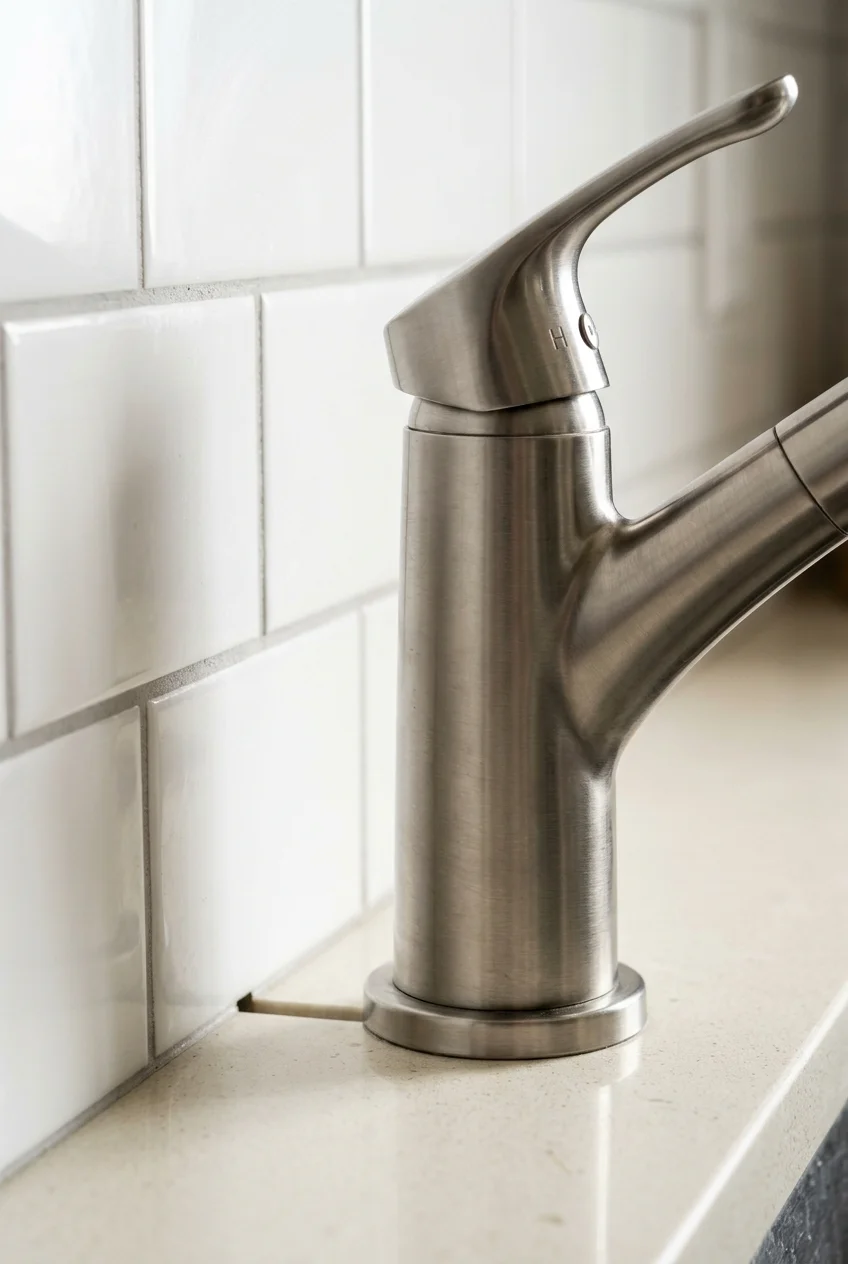 Top-control faucet with unobstructed movement beside a tiled backsplash