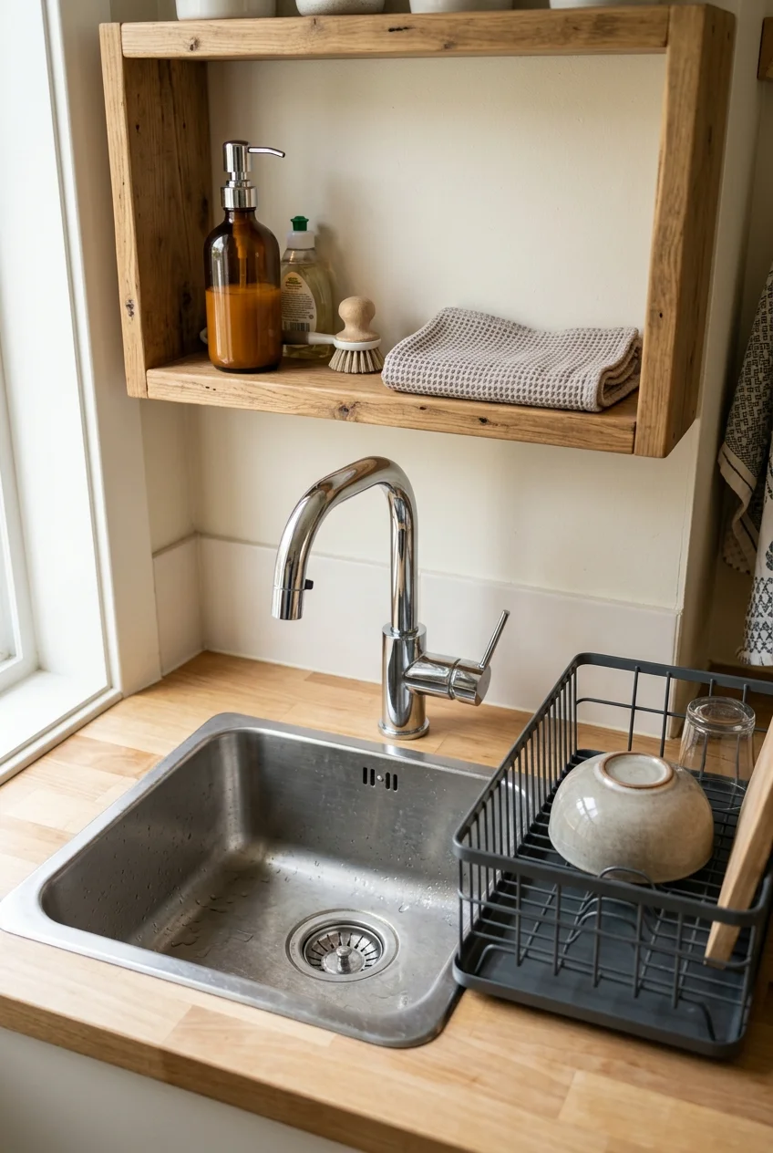 Compact chrome pull-out faucet in a small organized kitchen
