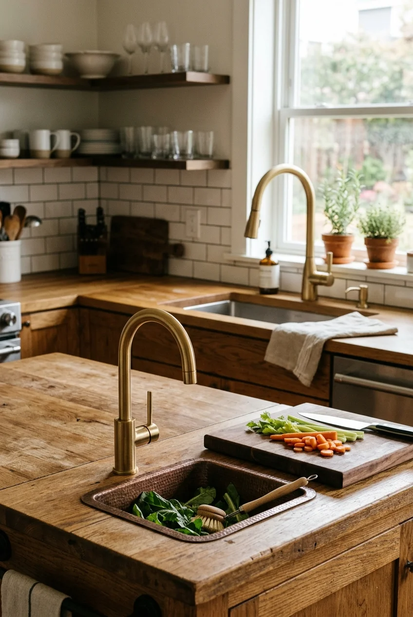 Coordinated small prep faucet and larger main sink faucet