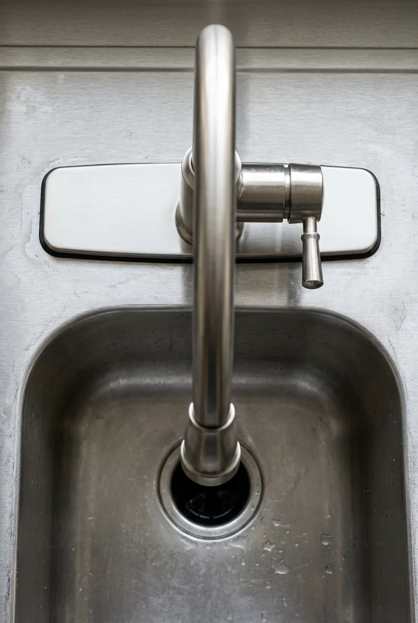 Single-hole faucet using a deck plate to cover older sink holes