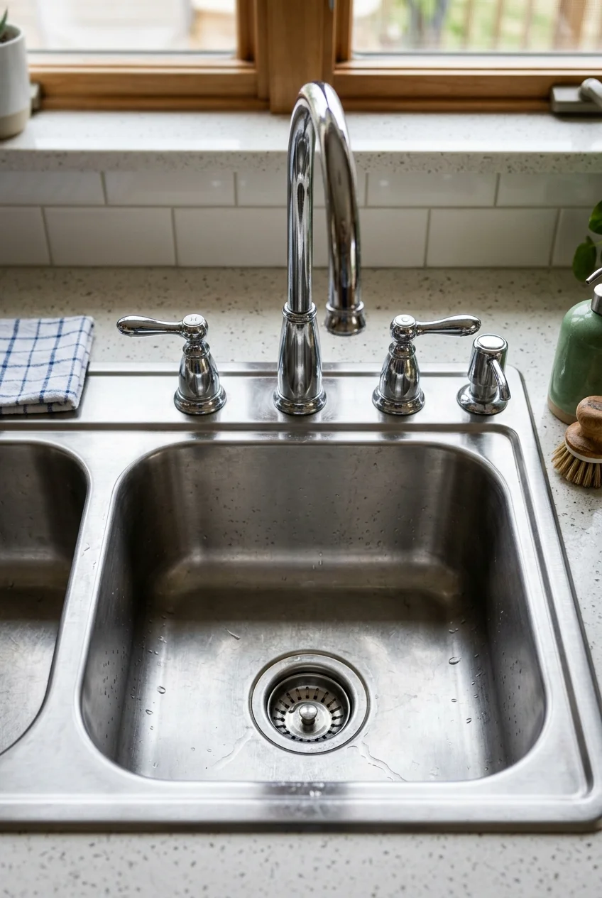 Four-hole sink deck with faucet handles, spout, and soap dispenser