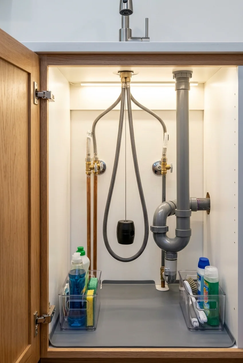 Clear pull-down hose and counterweight path inside an organized sink cabinet