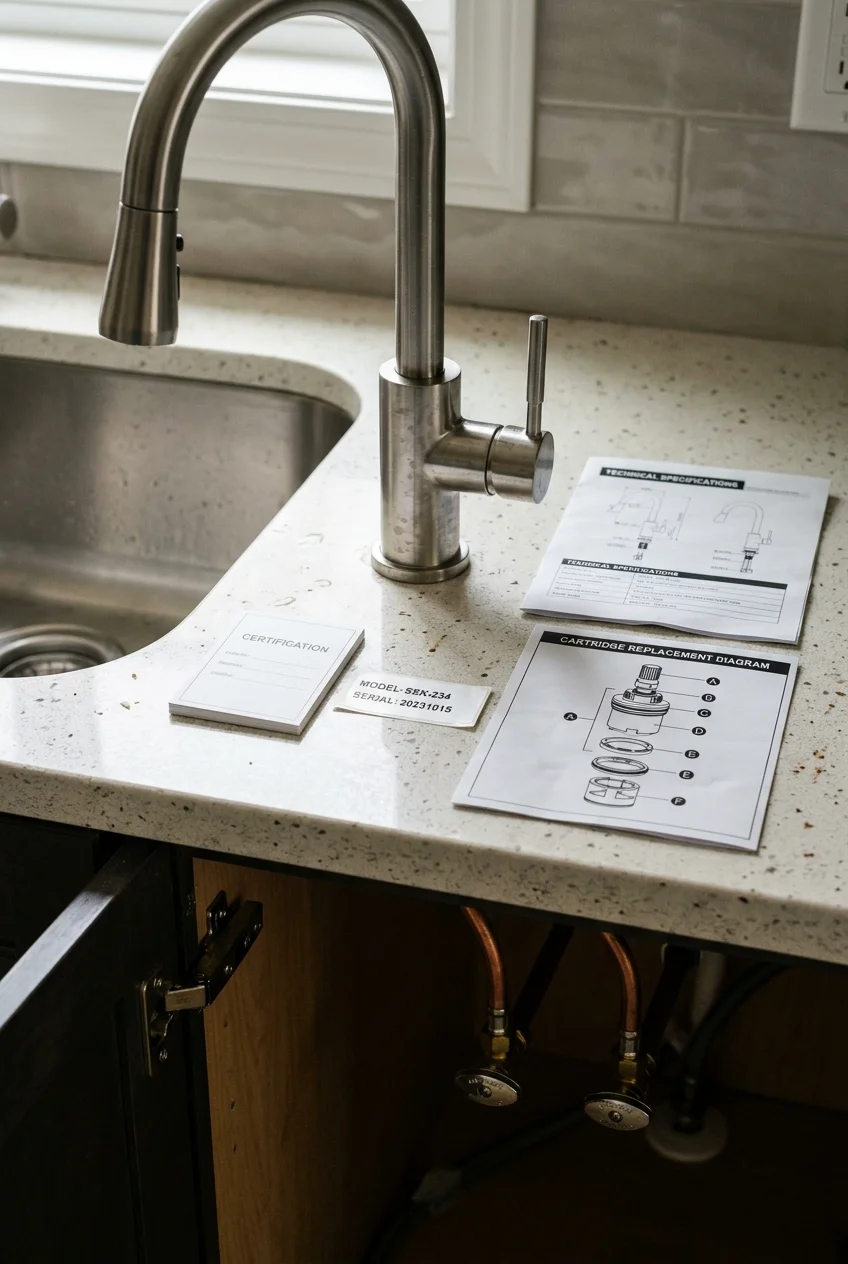 Kitchen faucet with certification and service documents saved beside it