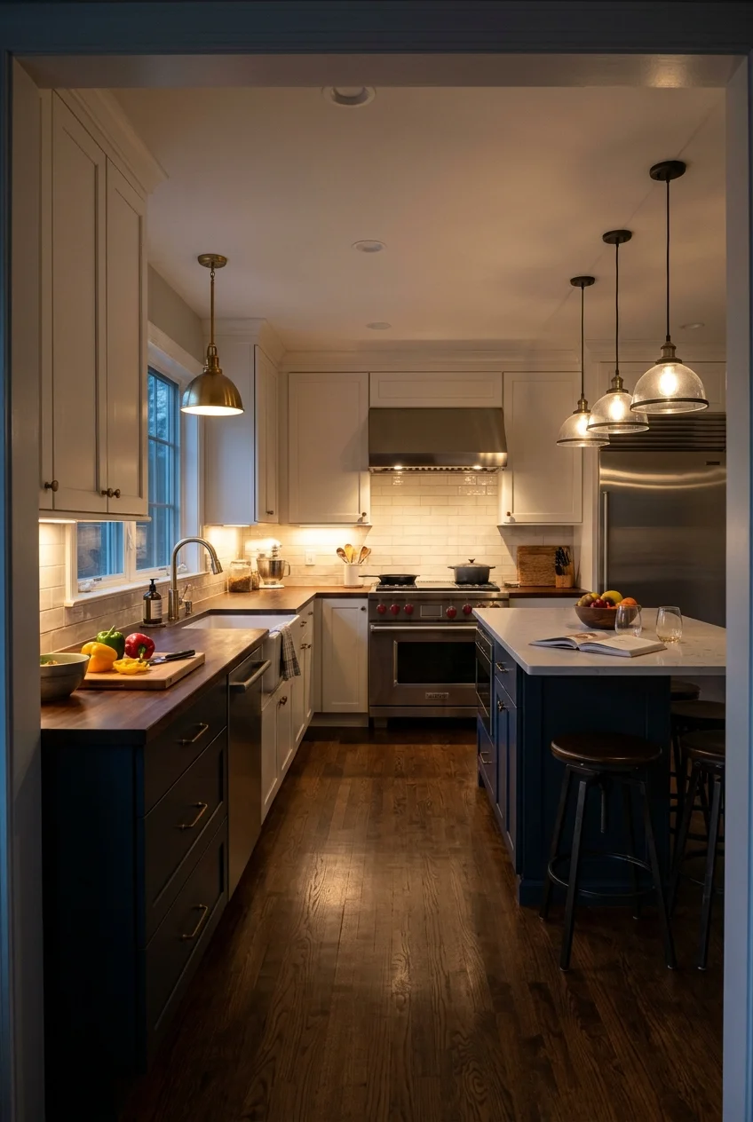 Kitchen with separate lighting over each working zone