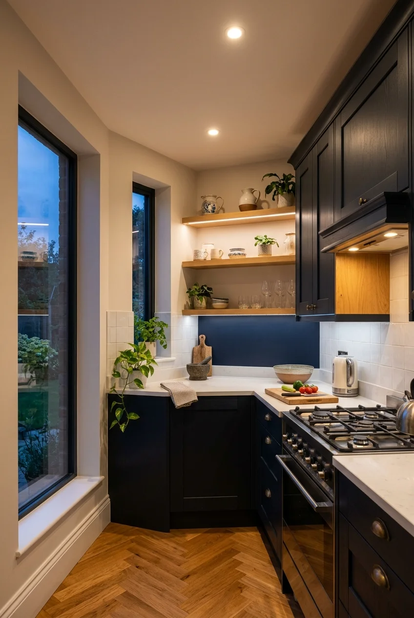 Layered ambient, task, and accent lighting in a kitchen
