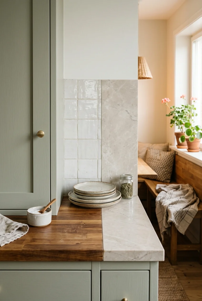 Kitchen finishes under coordinated white lighting