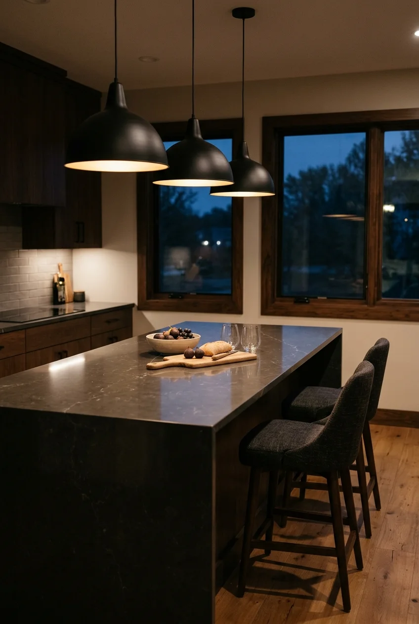 Glare-controlled pendant lights above a kitchen island