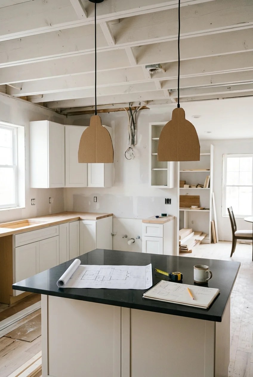 Cardboard pendant mock-ups above a kitchen island