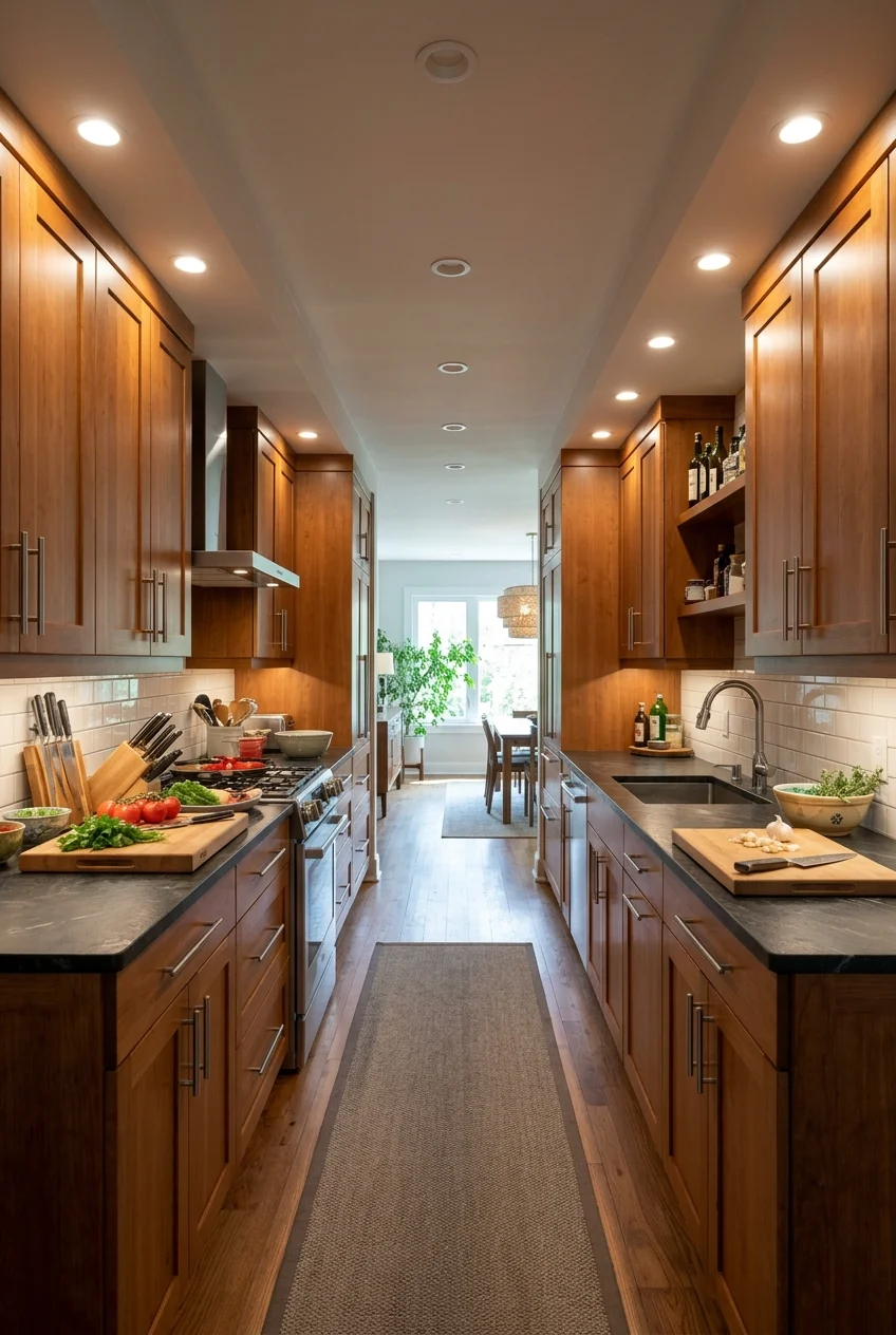 Recessed lights positioned to illuminate kitchen counters